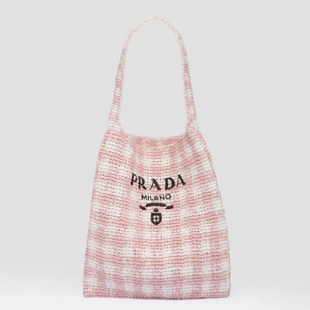 PRADA Raffia-effect yarn Crochet tote pink white bnwt